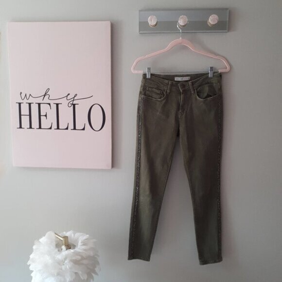 EUC Zara olive khaki skinny cropped ankle washed look sparkle side stripe jeans - Picture 5 of 13
